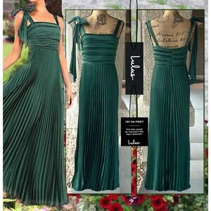 Lulus Gorgeous Purpose Emerald Satin Pleated Sleeveless Bow Maxi Dress Size XL